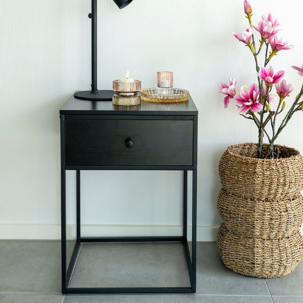 Table d'appoint Vita Black avec tiroir | Acier, MDF 40x40x55cm