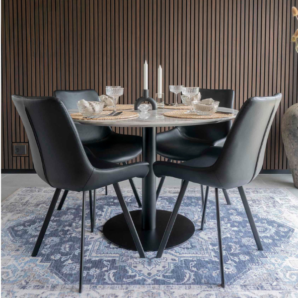 Table de salle à manger avec plateau en marbre blanc et pieds noirs