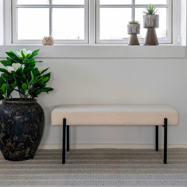 Banc en bouclette blanc avec pieds noirs - 100x36x42.5 cm