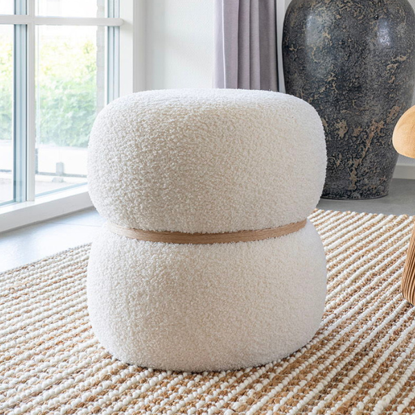 Pouf Milford - Ø38x41 cm - tissu bouclé blanc