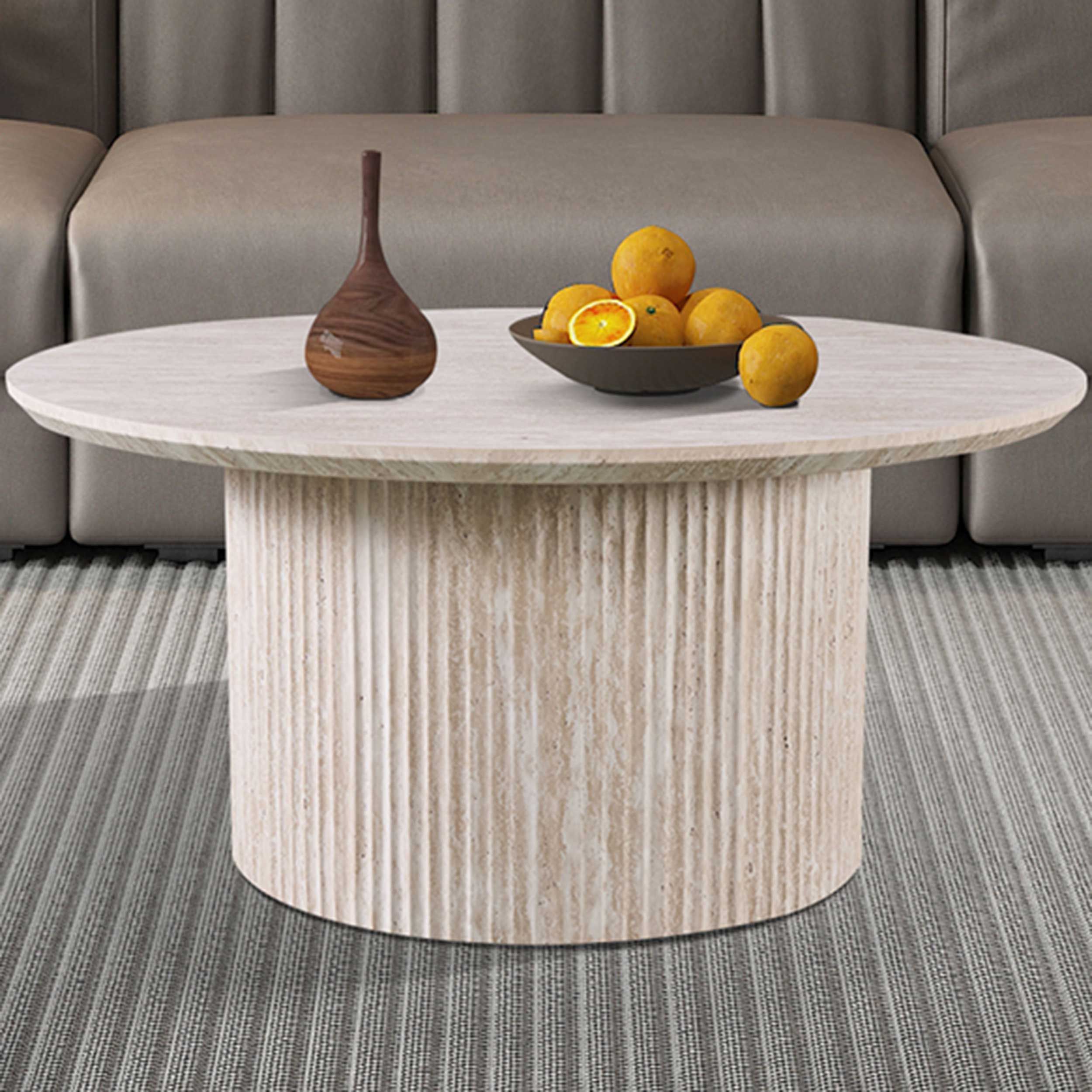 Lagos' 80 cm Round Coffee Table Travertine Beige | Matte MDF Structure, 25 mm MDF Top with 3D Paper | 38 x 80 x 80 cm