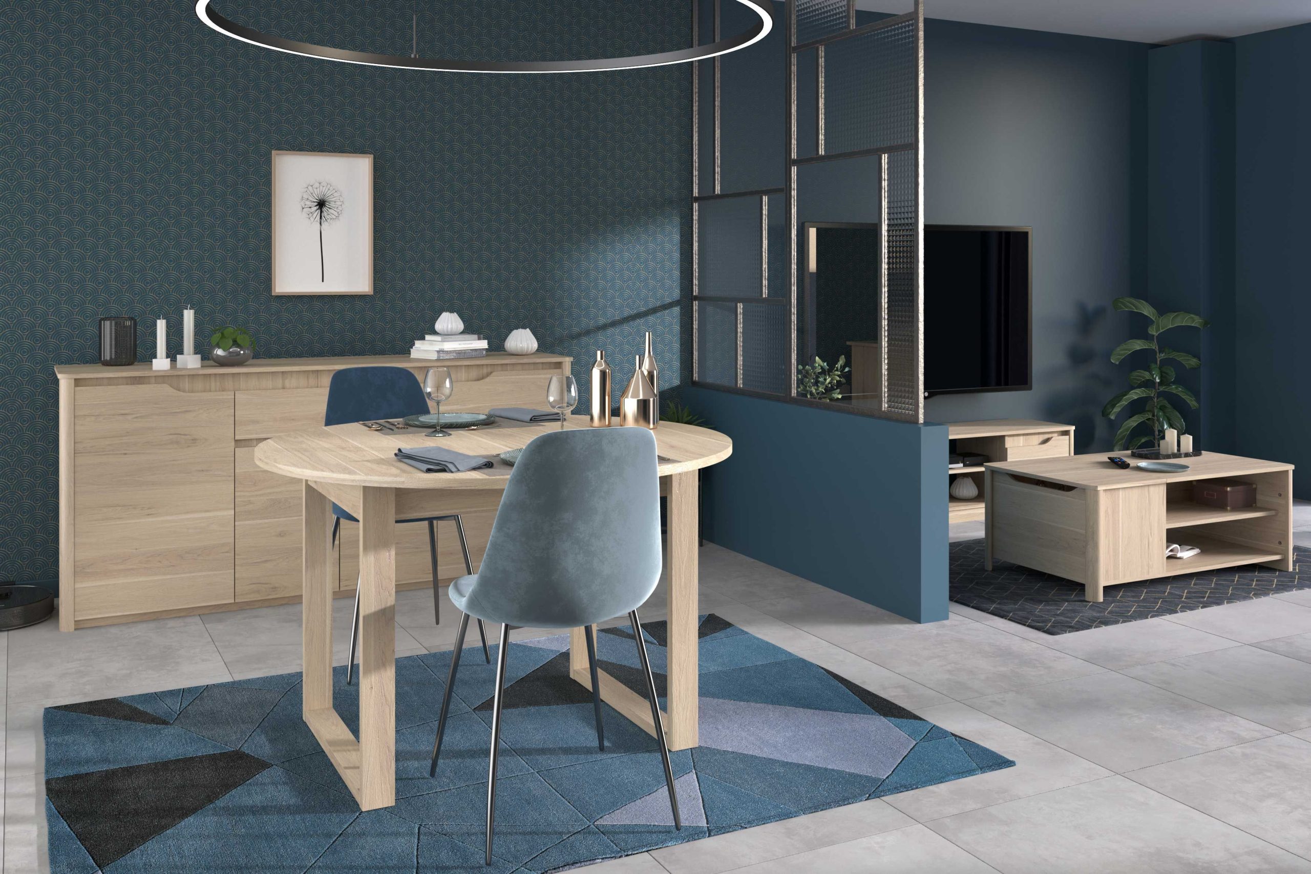 Salon Wendy: meuble tv, table basse, enfilade, table à manger - décor chêne