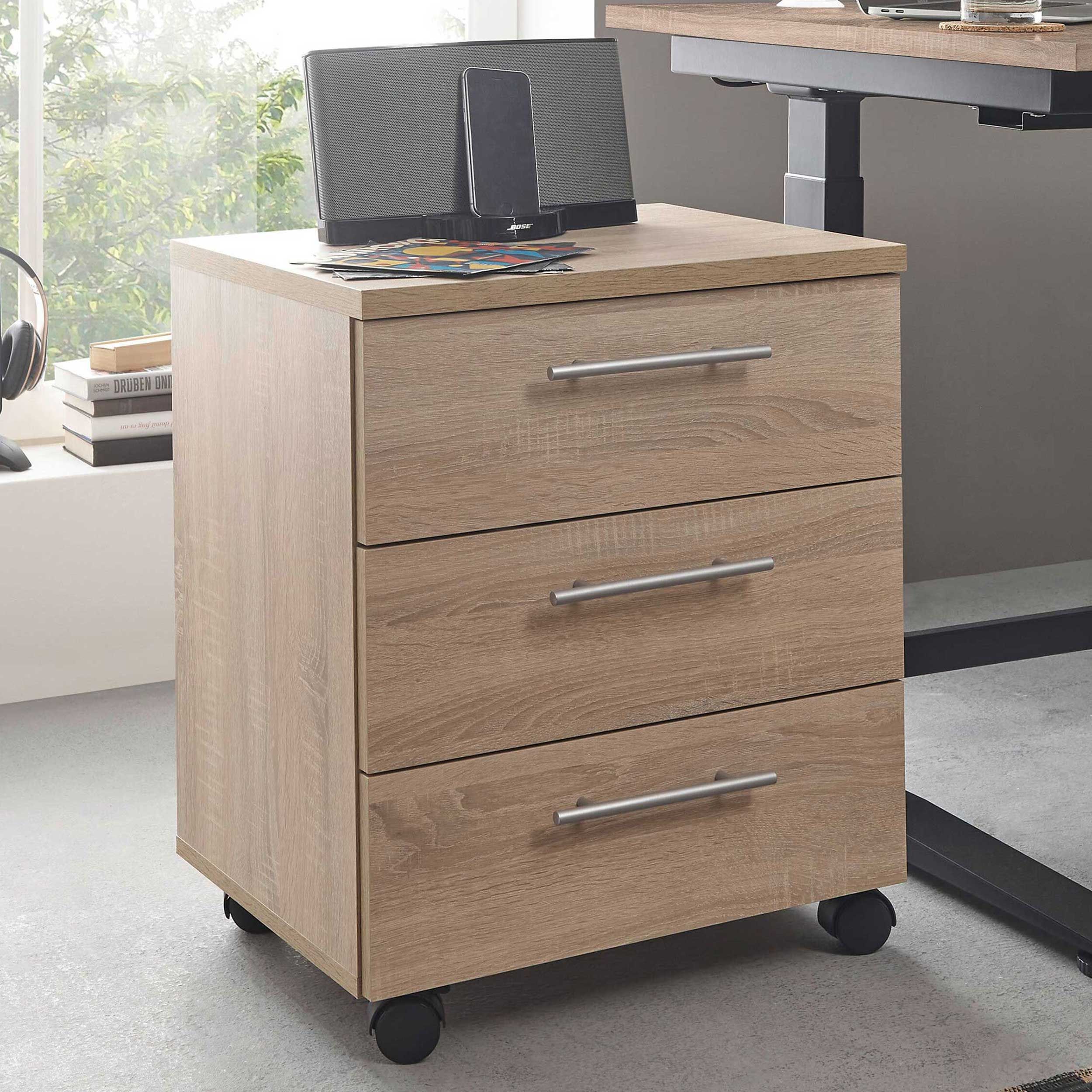 Bloc-tiroirs Ben - 3 tiroirs - avec roulettes - sonoma chêne