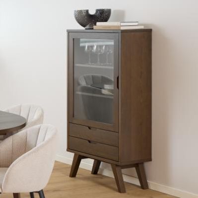 Vitrine Sieg - 72x36x145cm - 1 porte & 2 tiroirs - placage de chêne 'fumé'