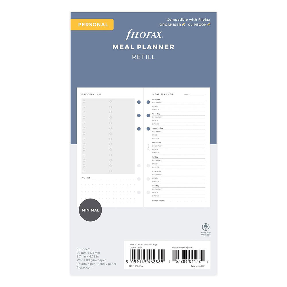 Filofax Personal Meal Planner REFILL 56pc