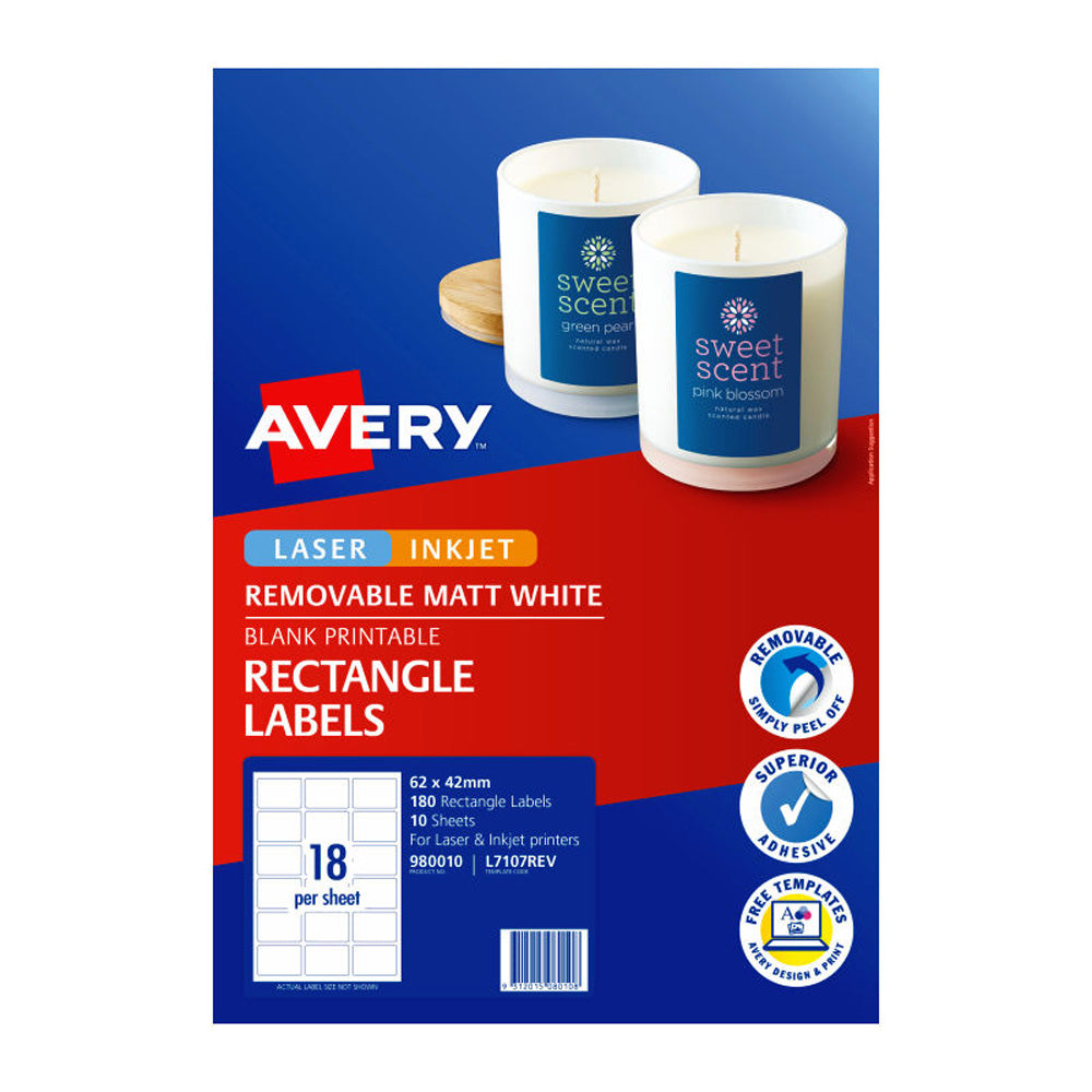 Étiquettes rectangulaires amovibles Avery 18up (62x42 mm)