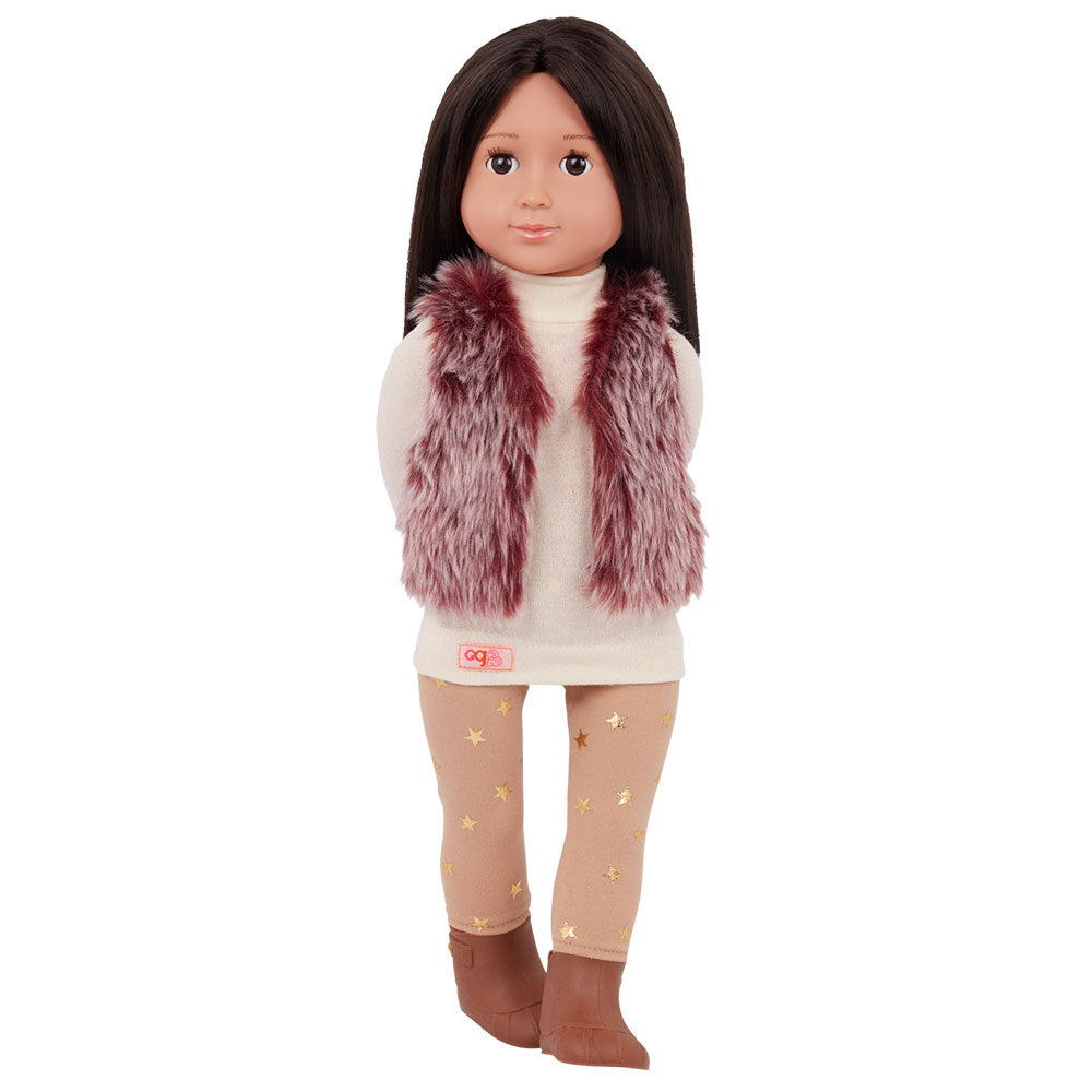 Doll Lei avec gilet en fourrure rouge 46 cm