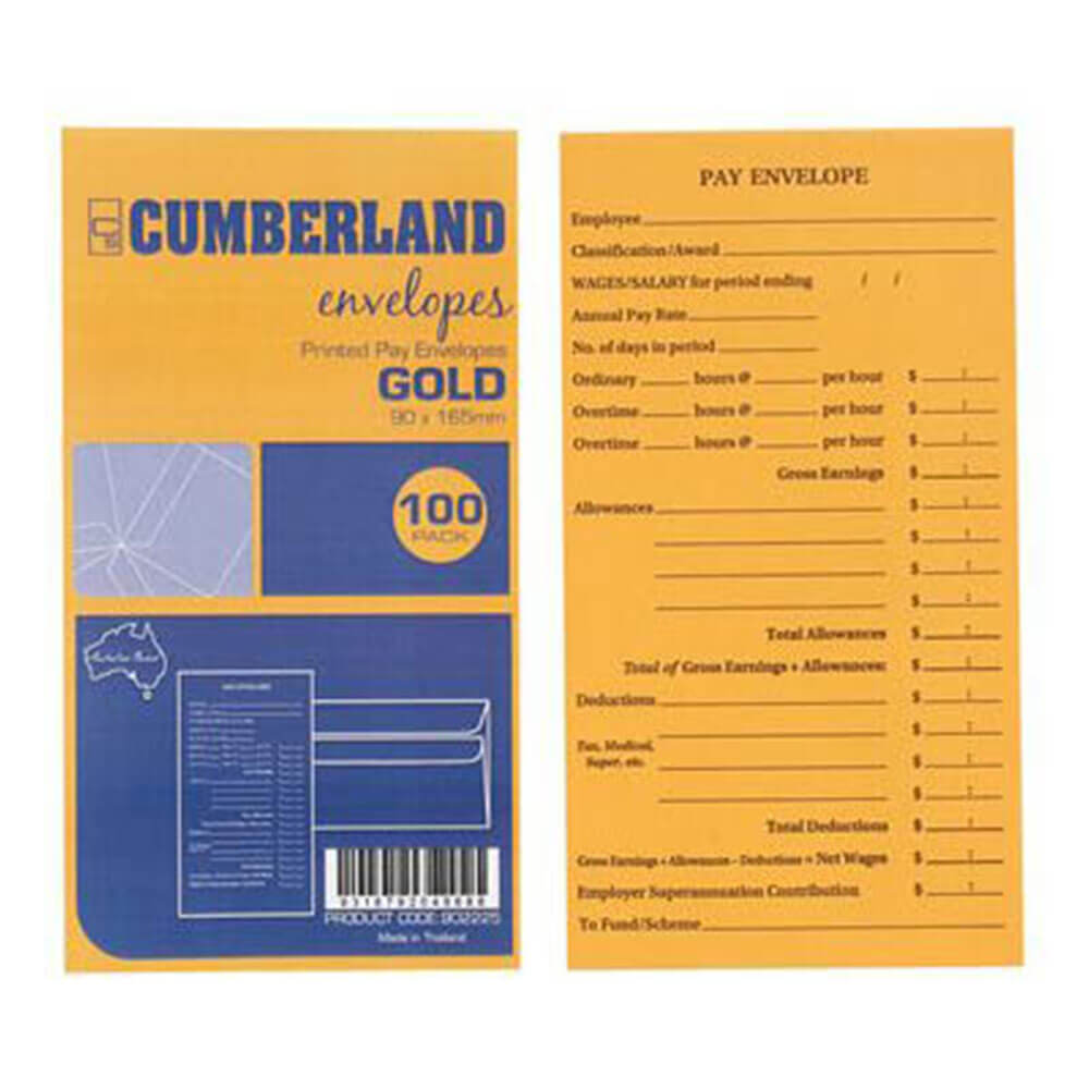 Enveloppes de paie imprimées de Cumberland 100pk 90x165 mm (or)