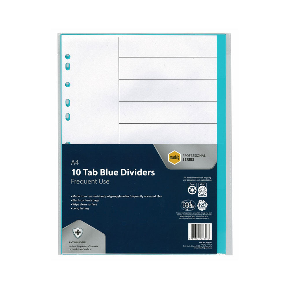 Marbig Professional A4 Antimicrobien Dividers 10 Tabs (bleu)